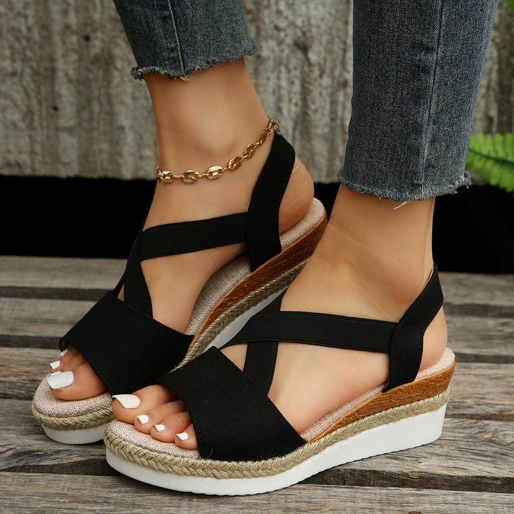 Zomer Hennep Touw Stro Geweven Hoge Hak Open Teen Sandalen