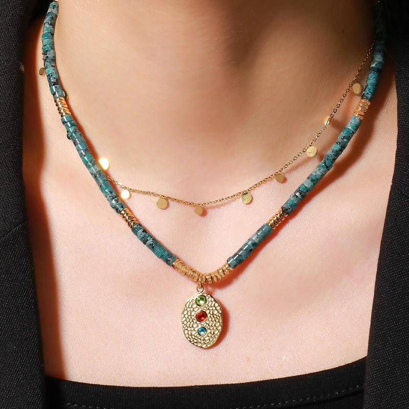 Europe and the United States hot-selling retro black gallstone necklace double-layer stacked wearing ethnic style collarbone chain natural stone handm