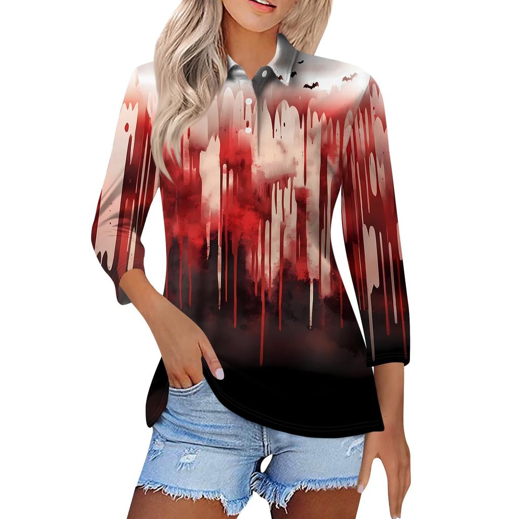 Women's Fashion Casual Lapel Short 3/4 Sleeve Halloween Print Shirt Women's Button Up Tops