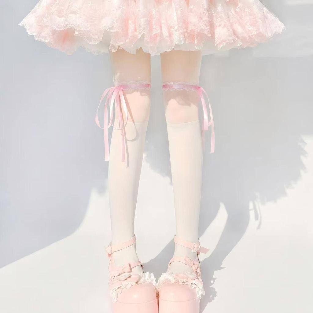 Mu Ruan Black & White Bow Tie Lace Pantyhose - Spring/Summer Lolita Style