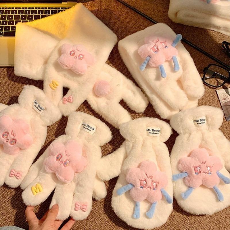 Cute Stars Plush Finger Gloves Women Winter Plush Thickened Warm Cold Furry Cycling Student