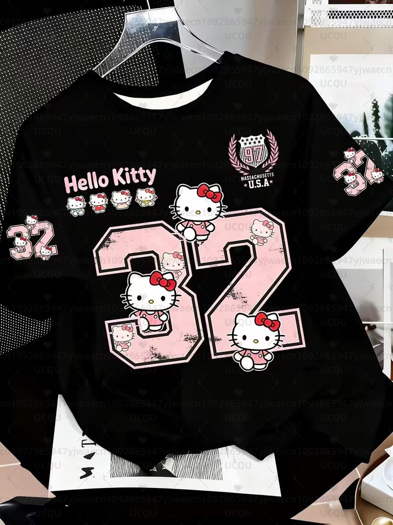 Summer Women s Casual Hello Kitty 3D Print Cute T-shirt Crew Neck T-shirt Outdoor Sports XXS