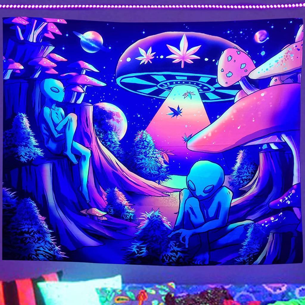 1pc Colorful Tapestry Fiction Astronauts Aliens Print Fluorescent Oversized Tapestry for Birthiday Gift Home Party Wall Decor