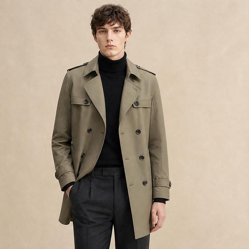 JOW Men's Mid-Length Lapel Trench Coat