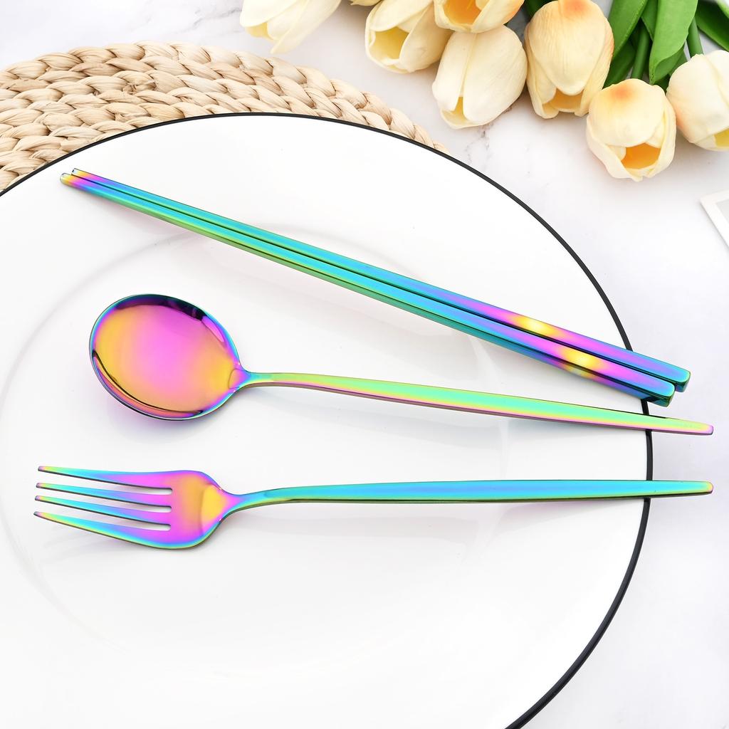 Gold 2Pcs Stainless Steel Tableware Set Mirror Dinner Spoon 304 Chopsticks Cutlery Set Lunch Dinner Set Portable Travel Dinnerware