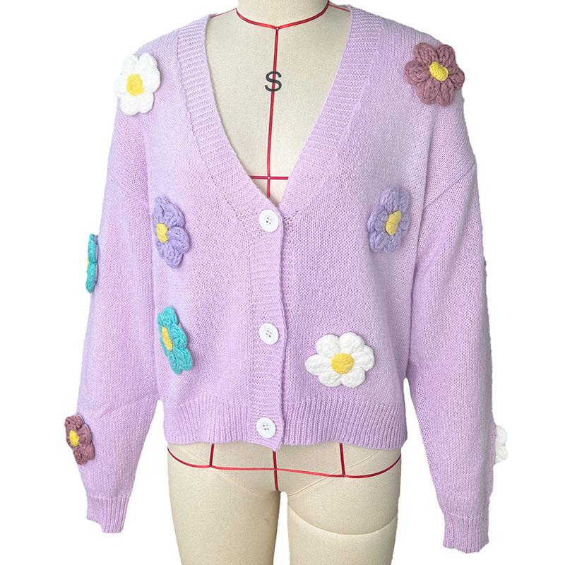 Dam Höst Vinter Söt Stickad Kofta Långärmad Knäppning Lös Varm Tröja Blomtryckt Öppen Framsida Kappa