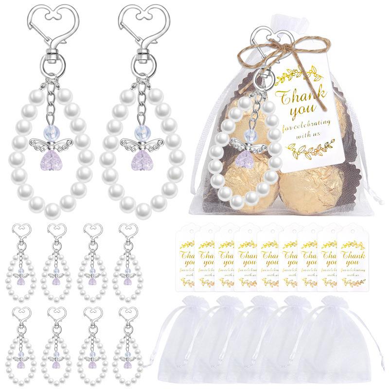 

10 Sets Angel Keychains Favor, Pearl Angel Keychain Gifts Bulk Guardian Angel Pendant Keychain With Thank You Tags Organza Bag білий