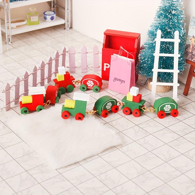 Mini Wooden Xmas Train Set for Dollhouse Pretend Play Adorable Vintage Style Train Toy with Snow Print for Christmas Decor