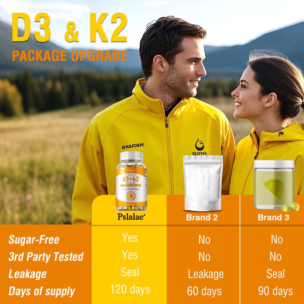 Vitamin D3+K2 Soft Capsules, Coconut Oil Base, Immune Support, Suitable for Both Men and Women.