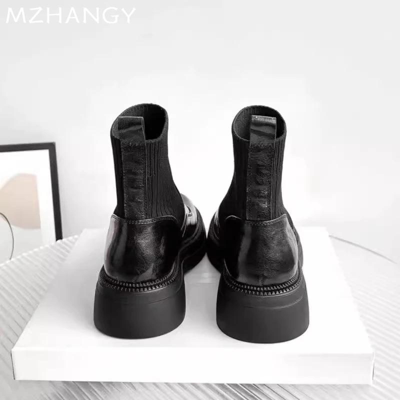 Women Leather Ankle Boots Elegant Flats Shoes Woman 2025 Trend Fashion Winter Warm Dress Snow Cozy Motorcycle Boots Mujer Botas