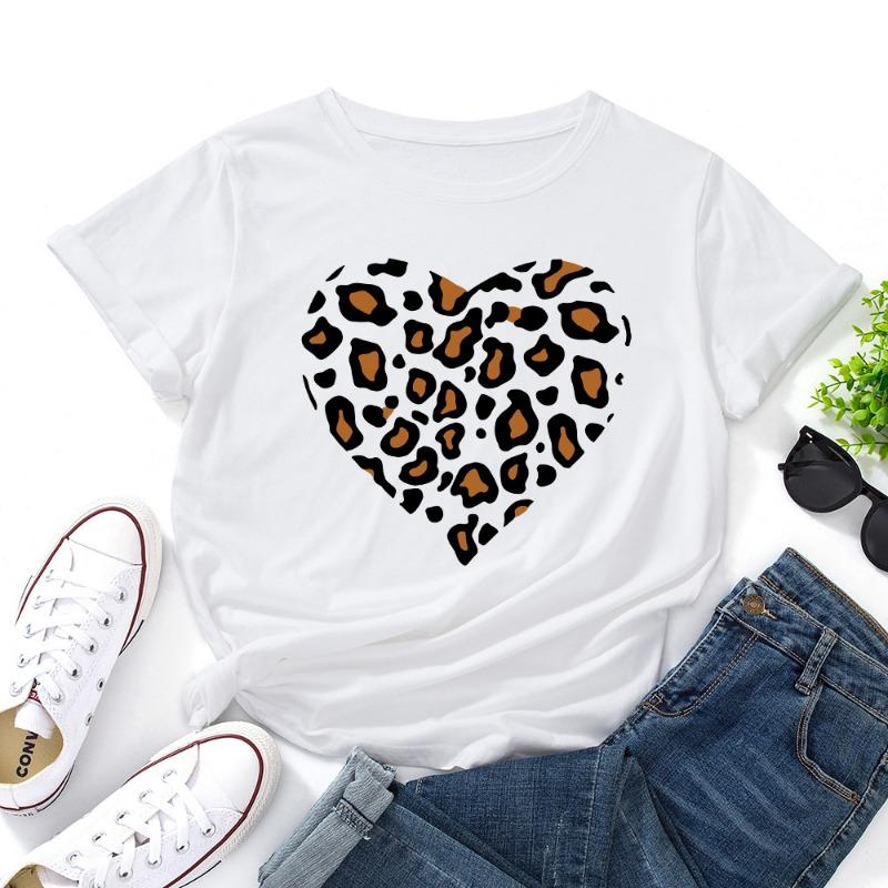 Zomer Dames Bedrukte Luipaardprint Hartvormige Losse Ronde Hals Puur Katoen Korte Mouw T-shirts Dames