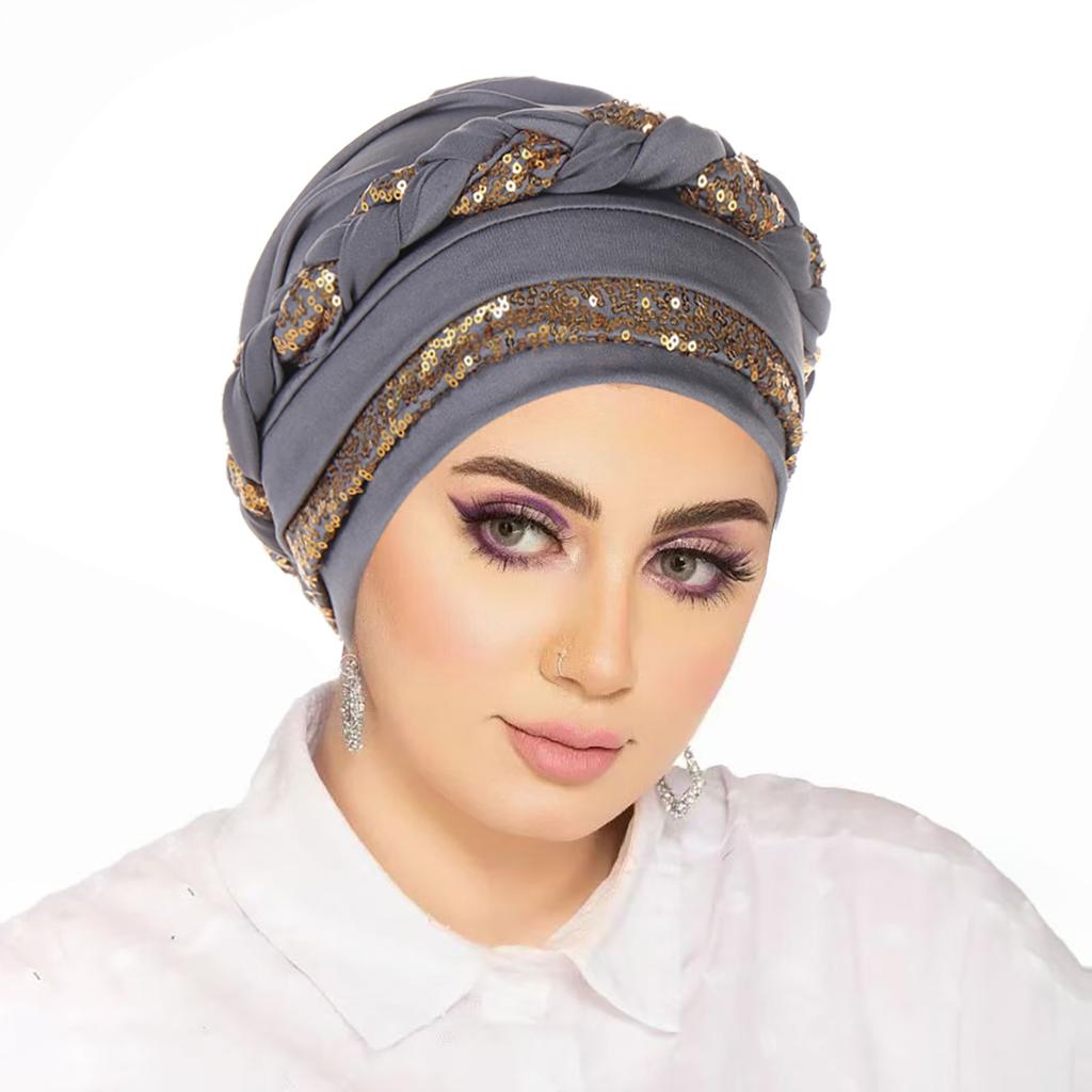 Women Hijabs Turban Hats Sequin Solid Color Braid Twist Caps Cancer Chemotherapy Beanies Cap Headwrap Plated Hair Loss Cover