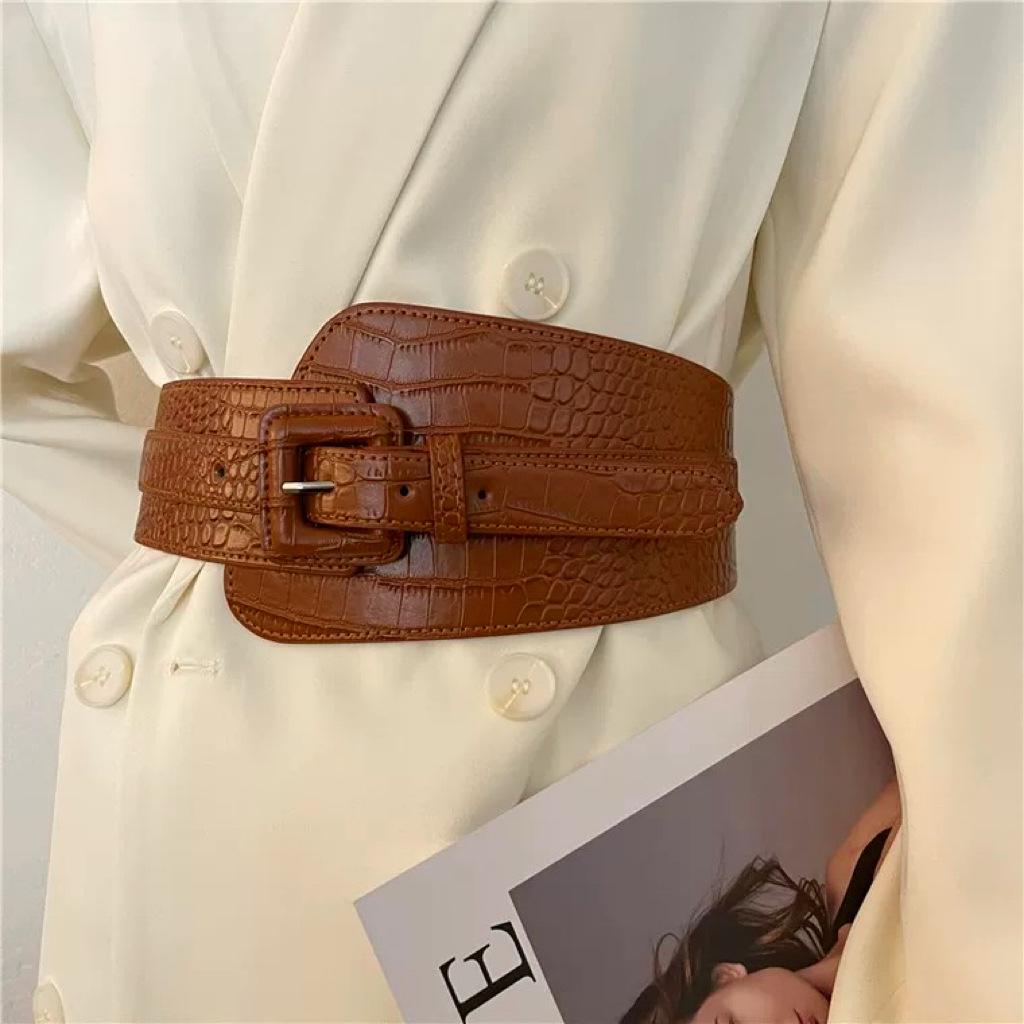 Retro Crocodile Grain PU Waist Belt with Pin Buckle and Elastic Waistband for Women