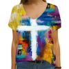 Women's Summer T-shirt 3D Cross Print Women's V-neck Short Sleeved T-shirt