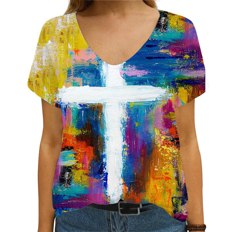 Women's Summer T-shirt 3D Cross Print Women's V-neck Short Sleeved T-shirt