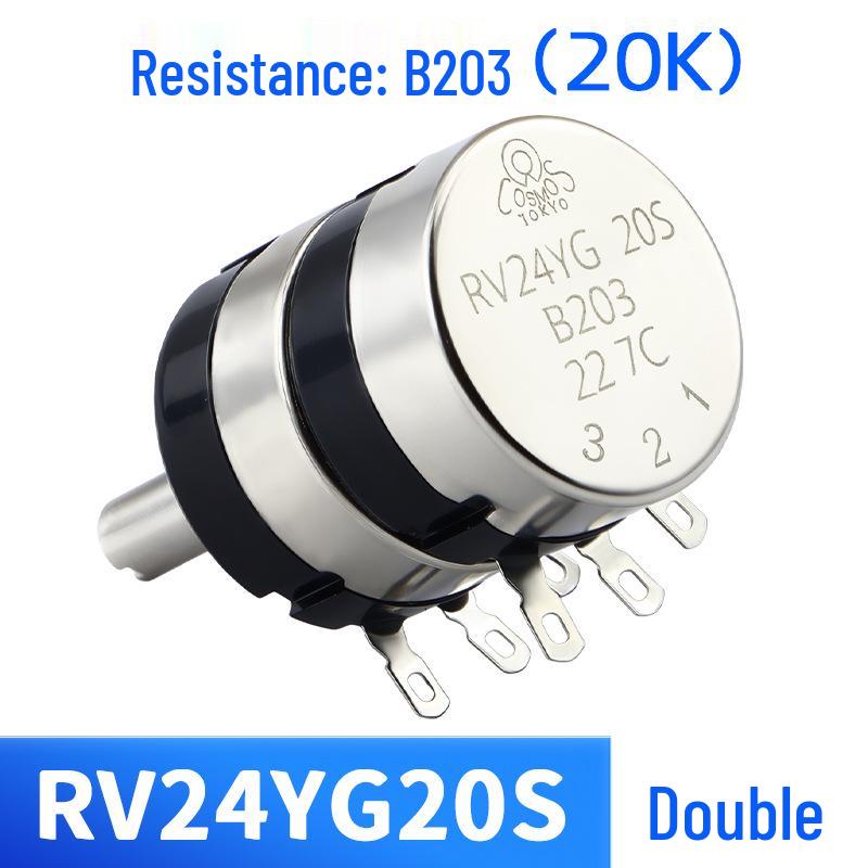Dual-Gang Carbon Film Potentiometer: RV24YG20S, Variable Frequency Speed Control with B102/202/502 Knob Scale, Available In 5K/20K Ohm.