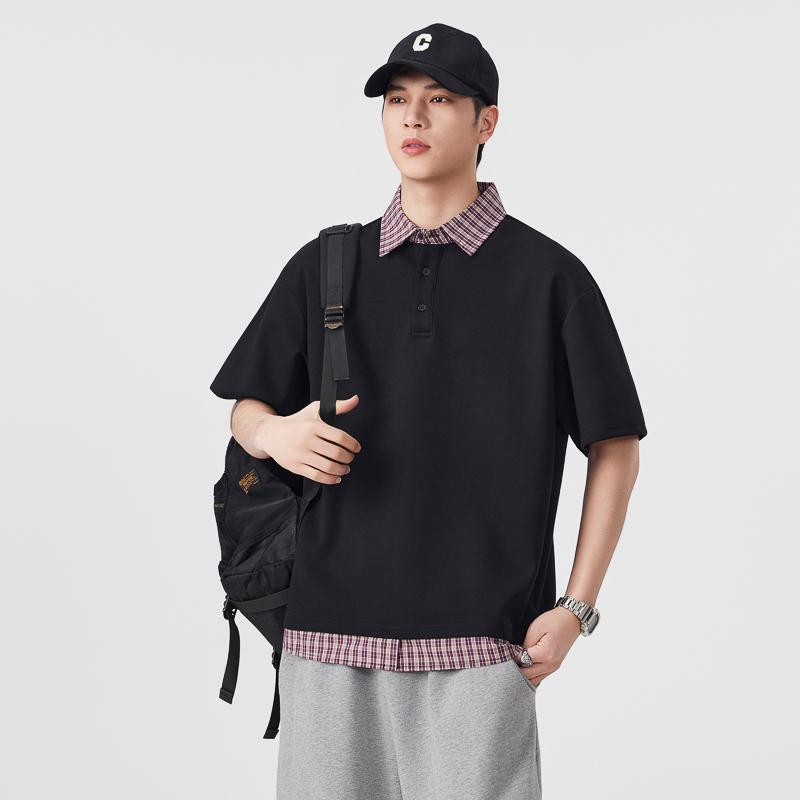 Fake Two-piece Polo Collar Short-sleeved T-shirt Men's Loose Versatile Plaid Shirt Collar T-shirt