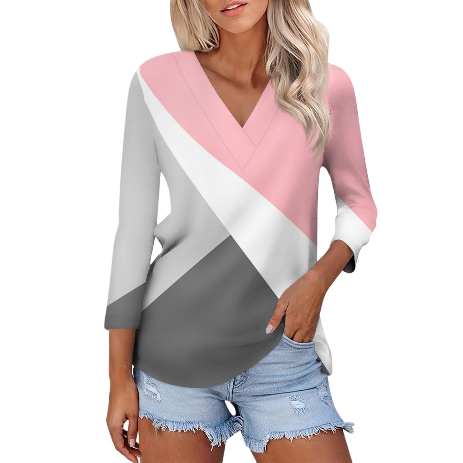 

Women s Casual Fashion Sexy Comfortable V-neck Splicing Geometric Pattern Three-quarter Sleeve Top XL розовый
