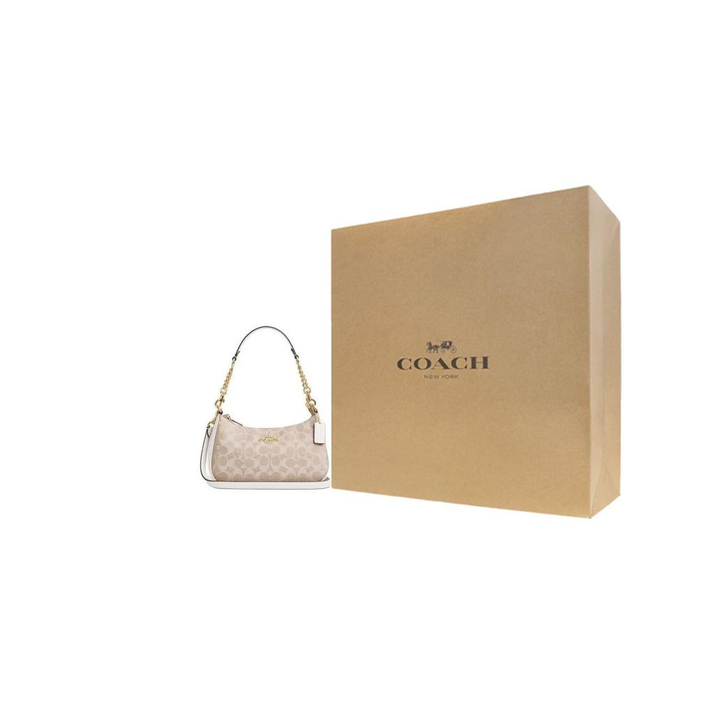 Coach Teri 24 Monograma Clásico Logo Cierre de Cremallera Lona Recubierta Bolso de Mano Cruzado al Hombro Mediano Bolsos de Mujer Arena Blanco Tiza CV933-IMXDM