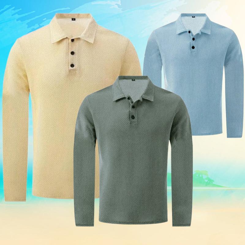Men's Polo Shirts Fashion Solid Color Mens Long Sleeve Tops Button Mesh T-shirts Yahseng