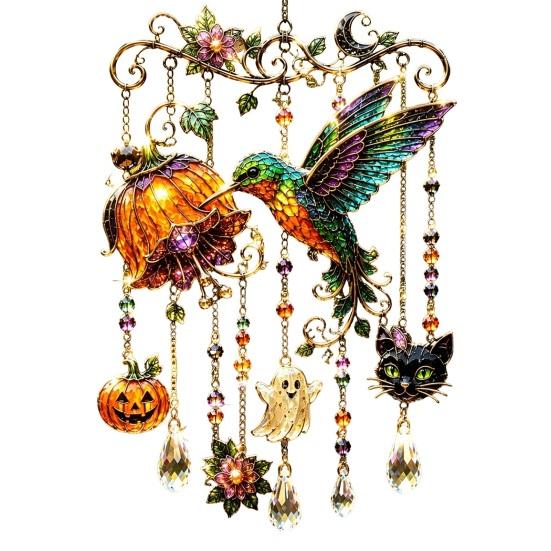 Seasonal Party Hanging Decor Halloween Wind Chime, Colorful Bird Sun Catcher, Cute Garden Ghost Windchime, Decoration for Patio Yard Faux Crystal