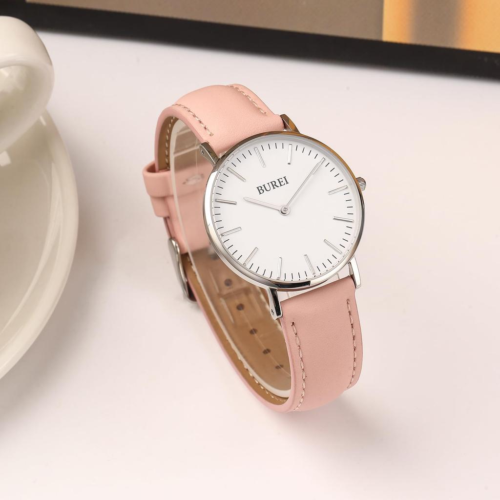 BUREI Women's Analog Quartz Watch Pink Leather Band Simple Stylish Cute Popular Brand Commuting School Watch for Women Slim Lightweight