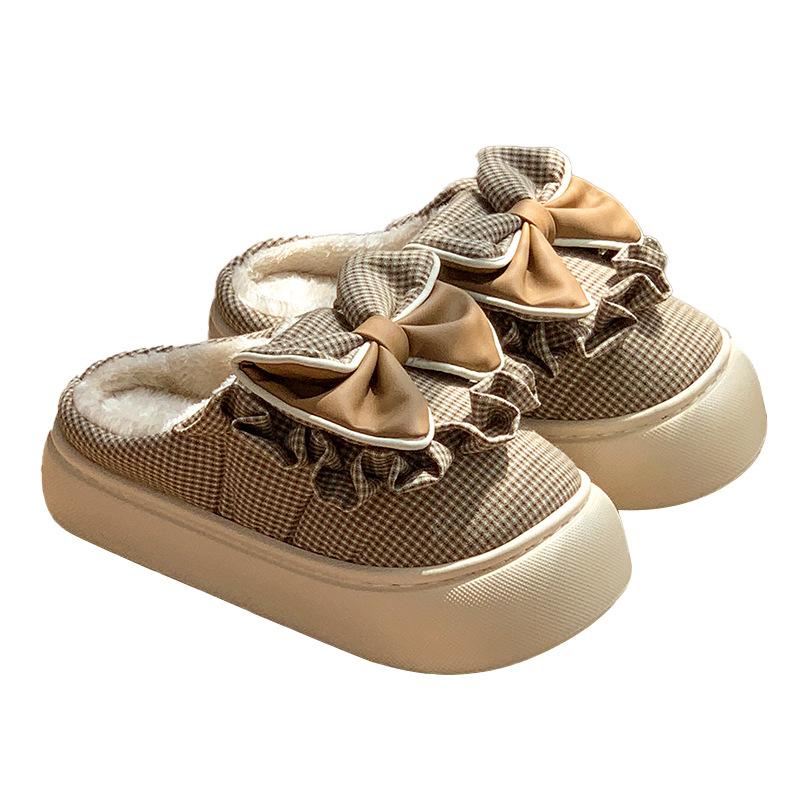 Retro Grid Bow Cotton Slippers Autumn and Winter Home Cute Less Heart Indoor Winter Warm Cotton Mop