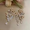 Silver Needle Rhinestone Pearl Flower Drop Earrings: Luxurious, Retro-Style Ornaments