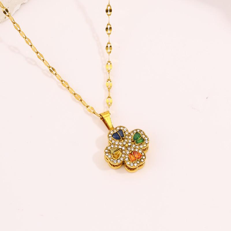Necklace Light Luxury High Sense Niche Titanium Steel Necklace Trendy Brand Four-leaf Clover Rotatable Temperament Versatile Zircon Necklace Women