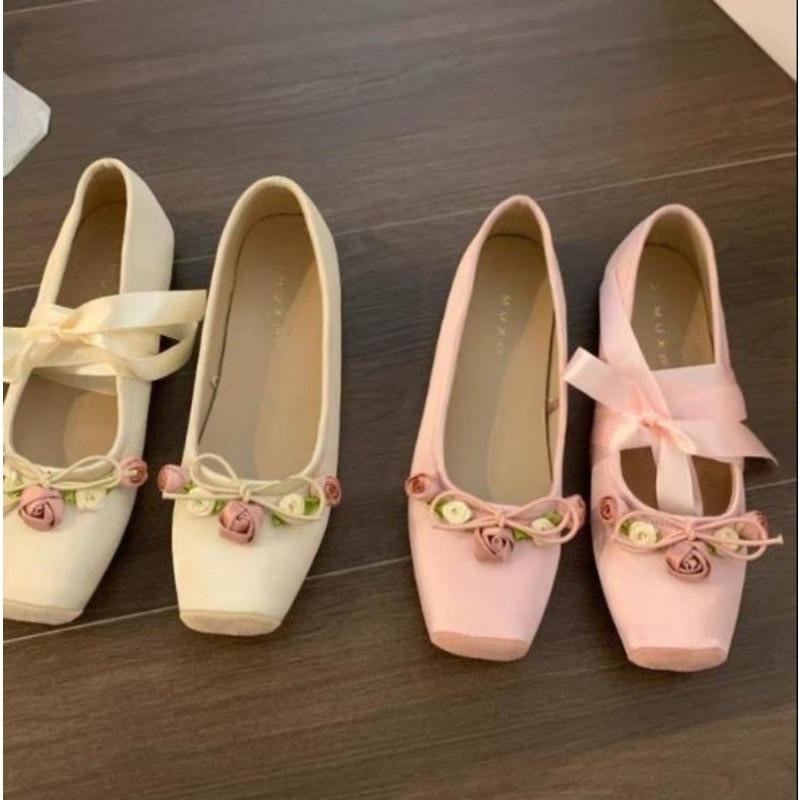 New Women's Flat Footwear Pink Ballet Women Single Shoes Fashion Lace Up Girl Mary Jane Shoes Sweet Flowers Ladies Loafers