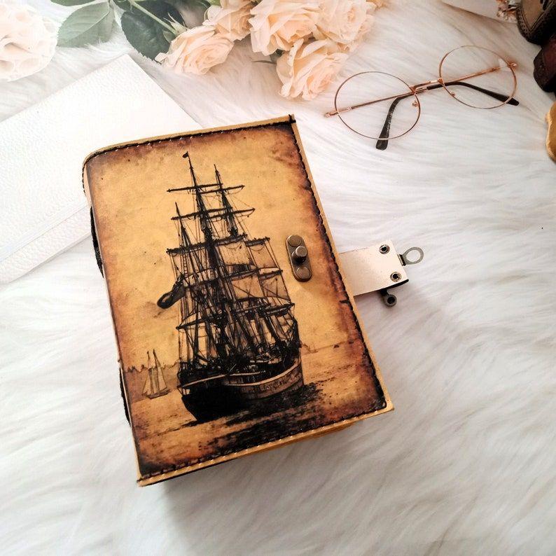 Ship Leather Journal Vintage look Boat Printed Leather dairy, Notebook, Dream journal, writing journal, deckle page sketchbook journal.