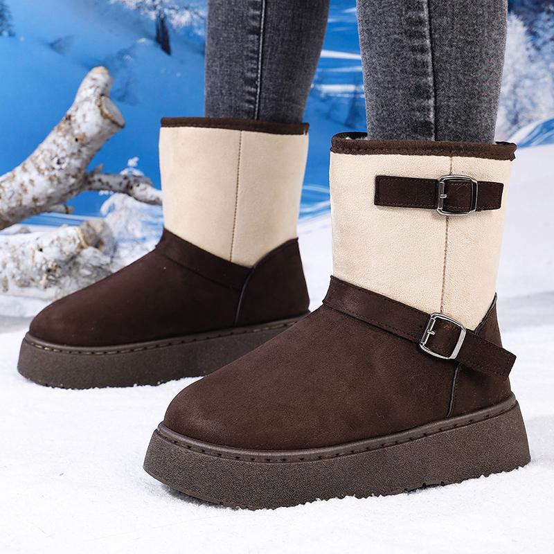 Fashion Fashion Mixed Color Platform Snow Boots Women Faux Suede Thick Plush Ankle Boots Woman Buckle Decor Thick Sole Cotton Shoes