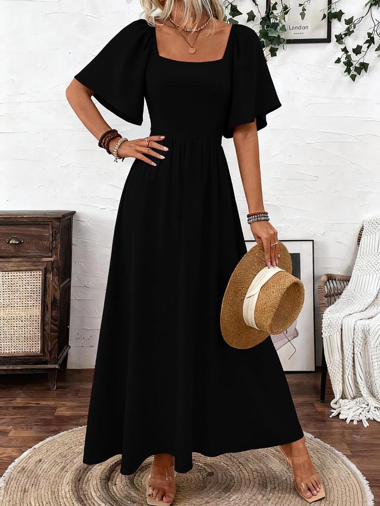 New Arrival 2025: Solid Color Square Neck Slimming Dress with Flutter Sleeves