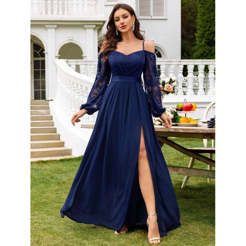 European French temperament fashion floral lace off-the-shoulder ruffle edge suspender long-sleeved dress women S
