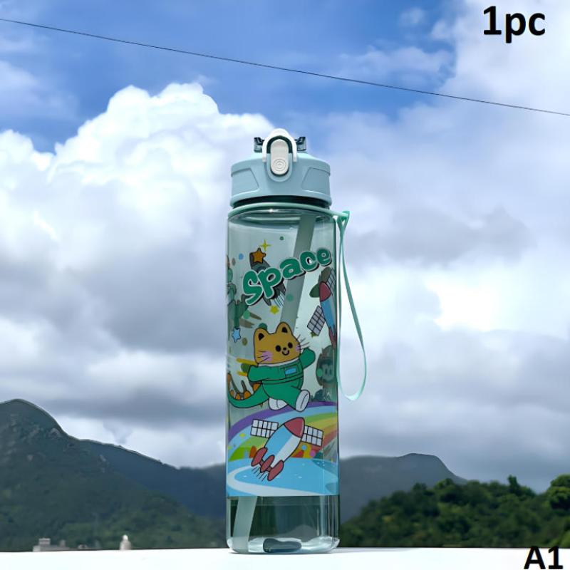 790Ml Cartoon Cat Rabbit Plastic Water Bottle Straw Cup With Carry Handle Portable Suitable For Outdoor Travel And School Use