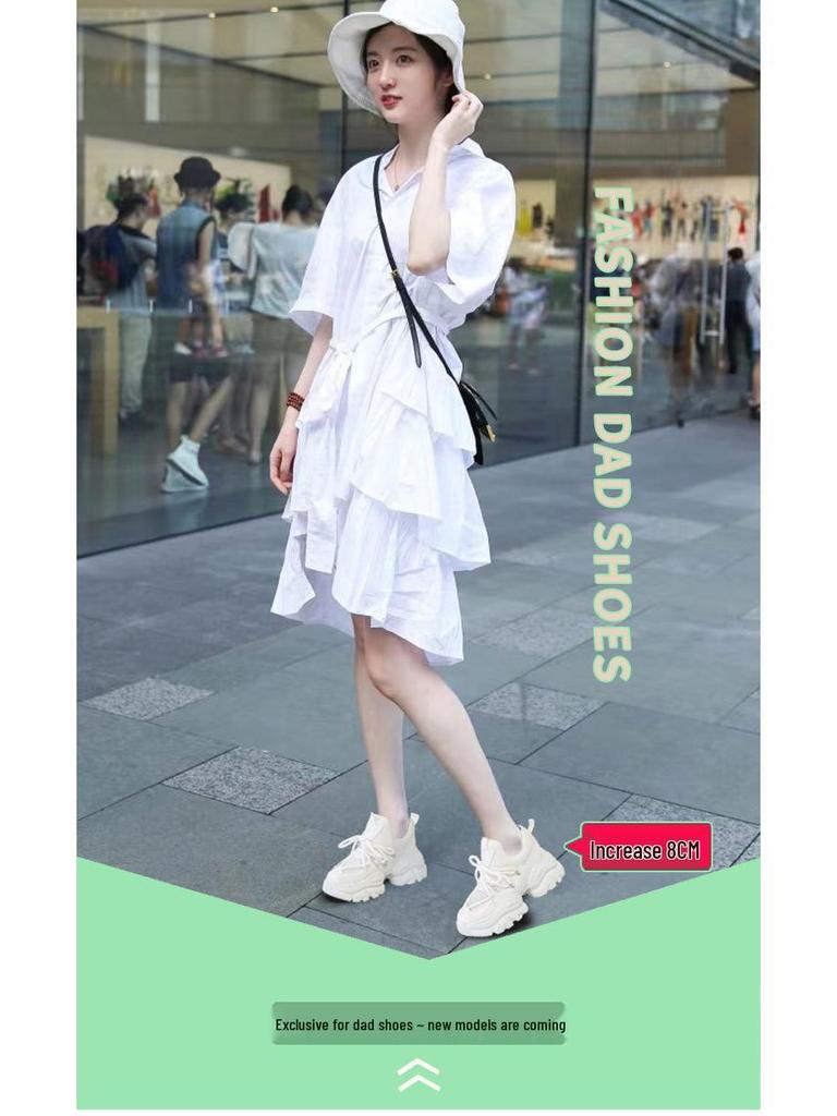 Genuine Leather Women's Dad Shoes 2024 - 8CM Height Boost, Versatile College Style, Trendy Spring/Summer Sport Design