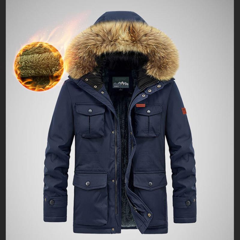 Men's Mid-Length Winter Fleece-Lined Hooded Warm Coat Youth Casual Multi-Pocket Thickened Coat