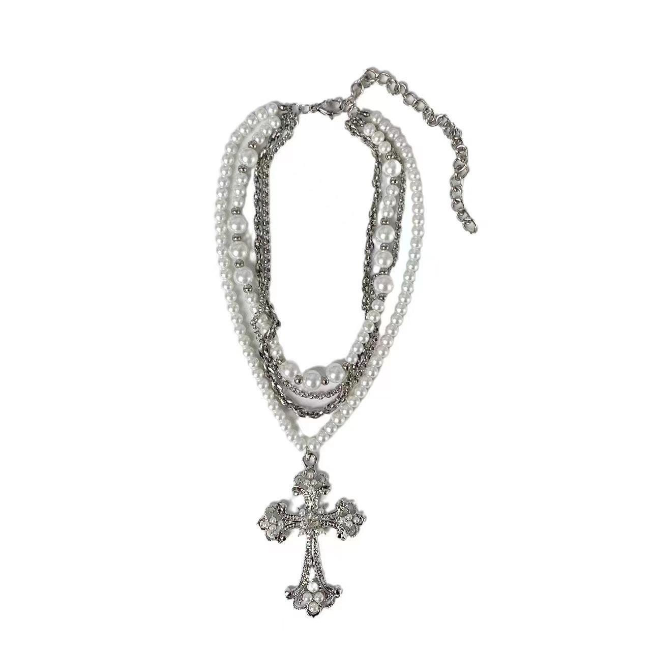 Pearl multi-layer cross stacked collarbone chain boys necklace women s niche design sweater chain couple style