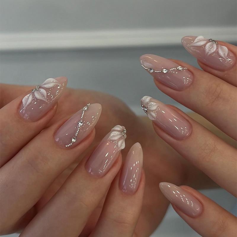 30pcs Almond French 3D White Flower False Nails - Wearable Nail Tips Finished Set (3 Pairs with Full Rhinestones)