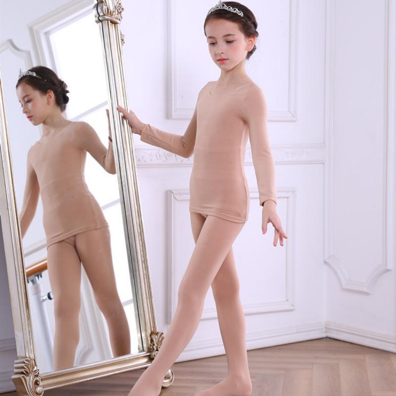 Dziecięcy zestaw bielizny termicznej w kolorze skóry, podszyty polarem top z długim rękawem i spodnie do tańca, występów, ćwiczeń