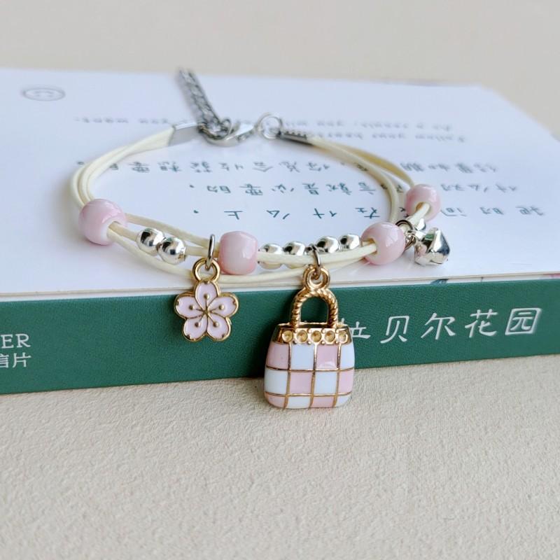 New Simple Cute Cartoon Bunny Bracelet for Women Sweet Pink Series Pendant Hand-Wowen Bracelets Bangles Couple Friends Gift