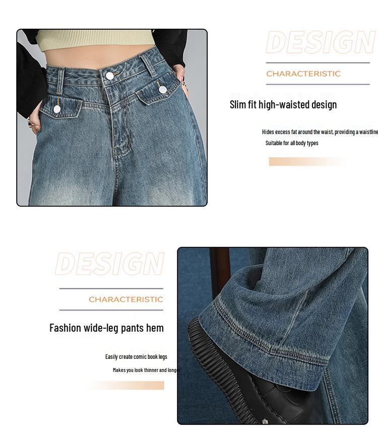 2024 Plus Size Retro High-Waist Wide Leg Jeans - Women's Slimming Straight-Leg Autumn/Winter Pants