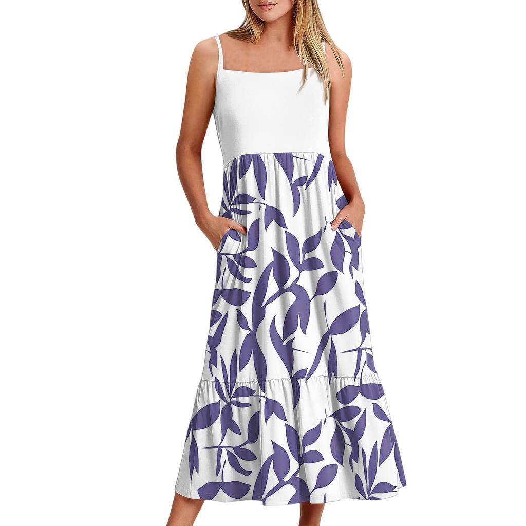 Damen Long Beach Casual Elegant Spaghettiträger Maxikleid Floral Low-Key Fließendes Bohemian Kleid