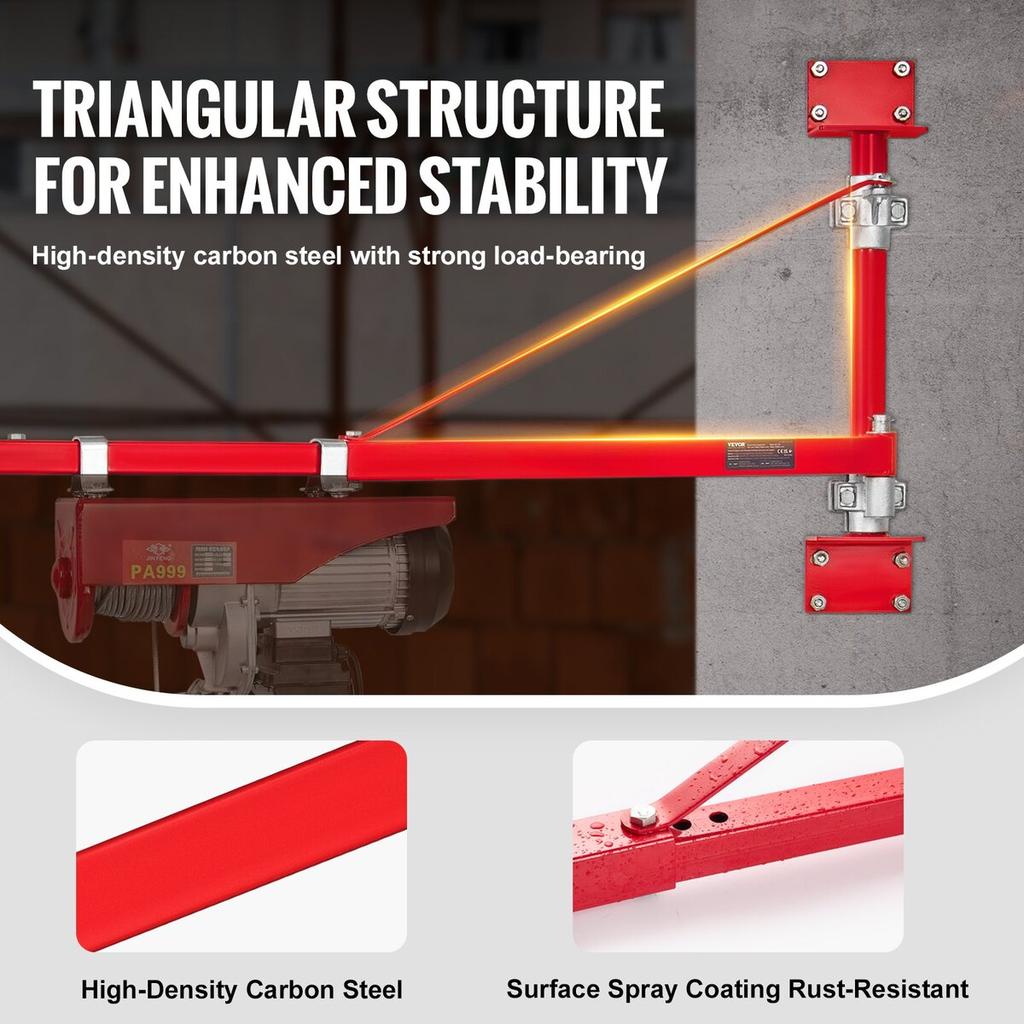 Electric Hoist Support Arm, 600 kg Max Load Capacity, Electric Hoist Holder Swing Arm with Pole, Steel Hoist Frame, 180° Swivel Scaffold Hoist Lifting