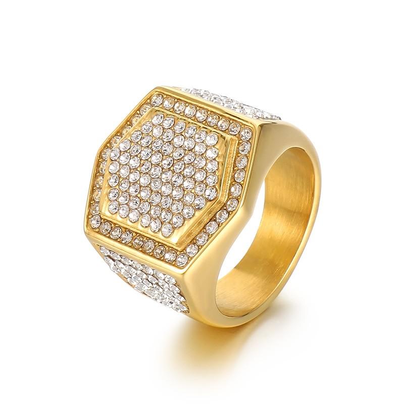 Hip Hop Full Zircon Larger Finger Rings Men's Shiny Stainless Steel Women's Gold Color Anillos Cocktail Ring Party Jewelry Gift