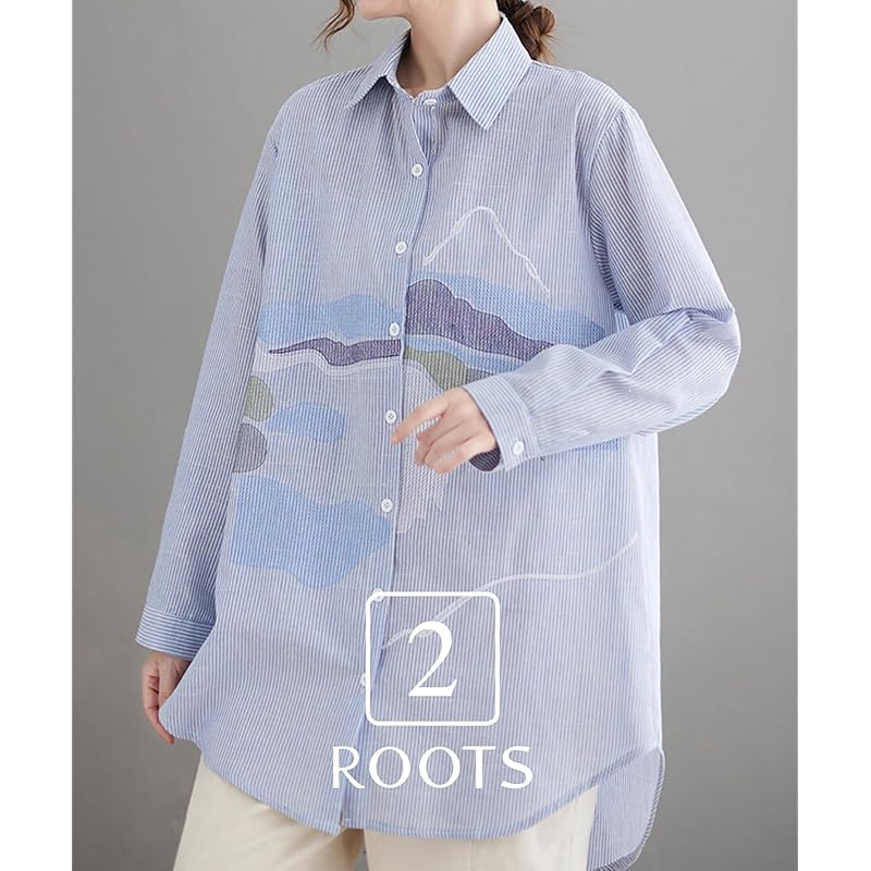 [Second roots] stripe shirt design long big silhouette Relaxing long sleeve spring autumn ladies blouse business work Fashionable fashionable button
