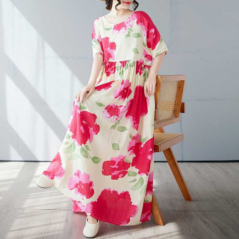 Einfacher und modischer langer Rock Sommer Kurzärmel Rundhals bedrucktes Kleid