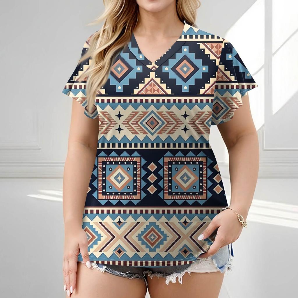 Damenmode Lässig Bedrucktes V-Ausschnitt Kurzarm Oversized T-Shirt Top