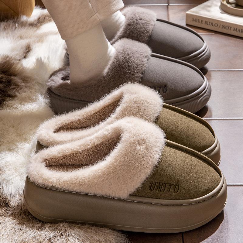 Fashion Litfun Plush Lining Women's Slippers Slip On Thick Bottom Slides Anti-slip Indoor Cotton Slides Furry Cozy Warm Outdoor Slippers