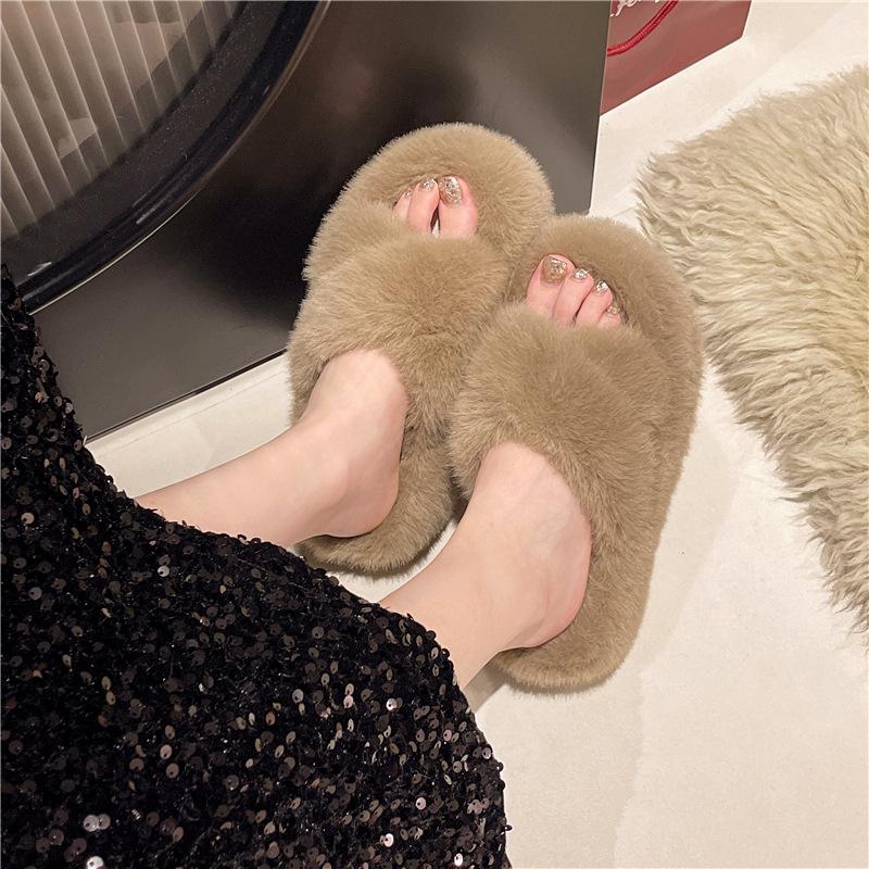 Large Size Thick Bottom Heightened One-word Fluffy Slippers for Women's Outer Wear Fleece Non-slip Versatile 2025 Spring and Autumn New Cotton Mop